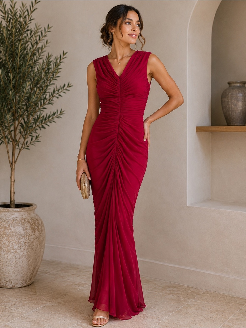 Adrianna Papell Collection Red Ruched Draped Evening Gown Maxi Dress Size 6